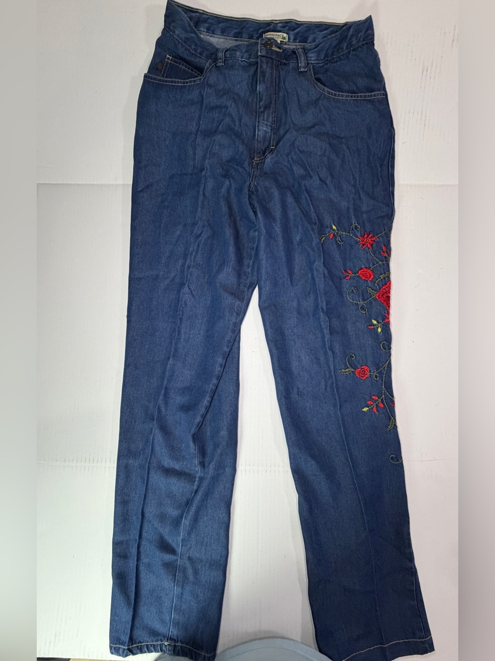 Vintage 90’s Y2K tencel Dark Blue Denim Pants with Red Floral Embroidery
